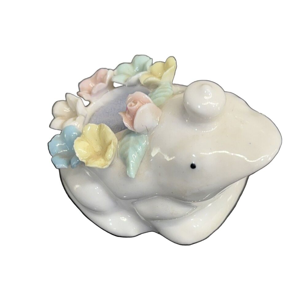 Ardalt Ceramic Frog Pincushion 3700 Vintage Original Porcelain 3" Applied Floral